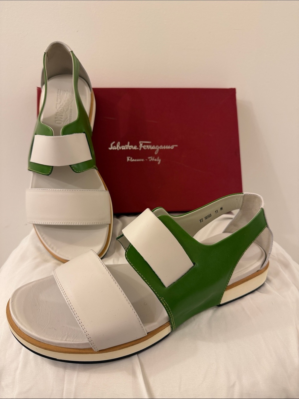 Salvatore Ferragamo White and Green Leather Strap Sandals